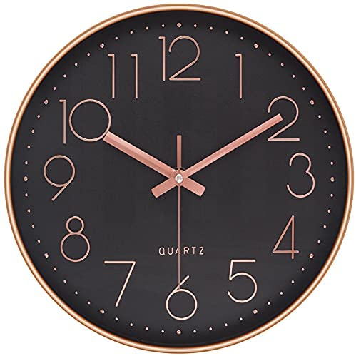 Stille Wanduhr, LENAUQ 12 Zoll batteriebetriebene Nicht tickende arabische Ziffernuhr, runde dekorative Uhr für Zuhause Küche Café Hotel Büroeinrichtung (Schwarz-Roségold)