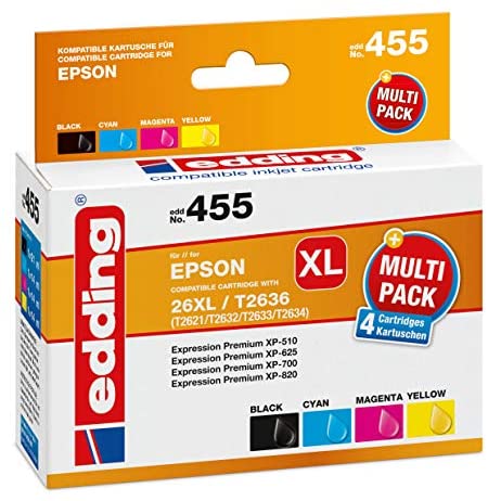 edding Druckerpatrone EDD-455 – Multipack 4 – Schwarz, Cyan, Magenta, Gelb – 1x 21 ml + 3x 14 ml – Reichweite 1x 500 3x 700 Seiten – Ersetzt Epson T26XL (T2621/32/33/34)
