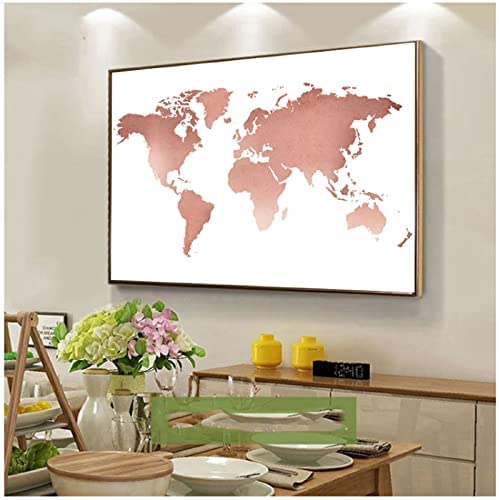 Malerei für Wohnzimmer Home Wandkunst Bild Rose Gold Weltkarte Druck Büroeinrichtung, Minimalismus Weltkarte Poster Leinwand 50x75cm ohne Rahmen