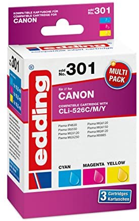 edding Druckerpatrone EDD-301 – Multipack 3 – Cyan, Magenta, Gelb – 3x 10,5 ml – Reichweite 3x 660 Seiten – Ersetzt Canon CLI-526C/M/Y