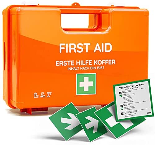 Erste Hilfe Koffer inkl. Wandhalterung und Aufklebern, nach neue DIN 13157:2021 – Verbandkasten – Kasten – Verbandskasten – Set – Betriebsverbandkasten – orange