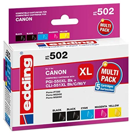 edding Druckerpatrone EDD-502 – Multipack 5 – Schwarz, Foto-Schwarz, Cyan, Magenta, Gelb – 1x 25 ml + 4x 13 ml – Reichweite 1x 500 4x 845 Seiten – Ersetzt Canon PGI-550XL/CLI-551XLBK/C/M/Y