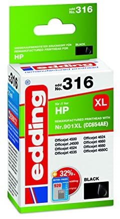 edding Druckerpatrone EDD-316 – Einzelpatrone – Schwarz – 21 ml – Reichweite 935 Seiten – Ersetzt HP 901XL (CC654AE)